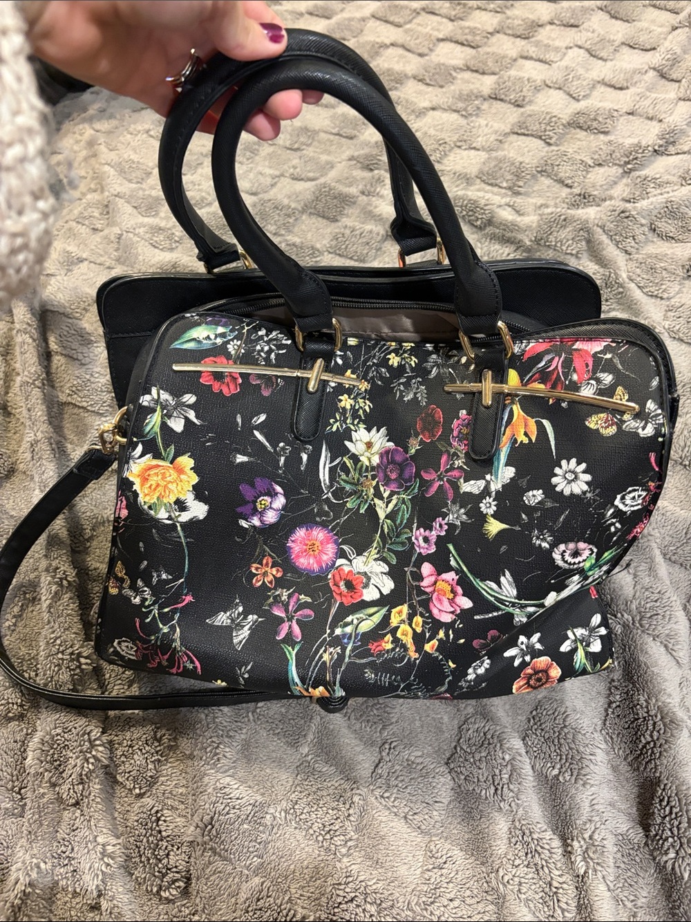 Floral Print Black Satchel Handbag